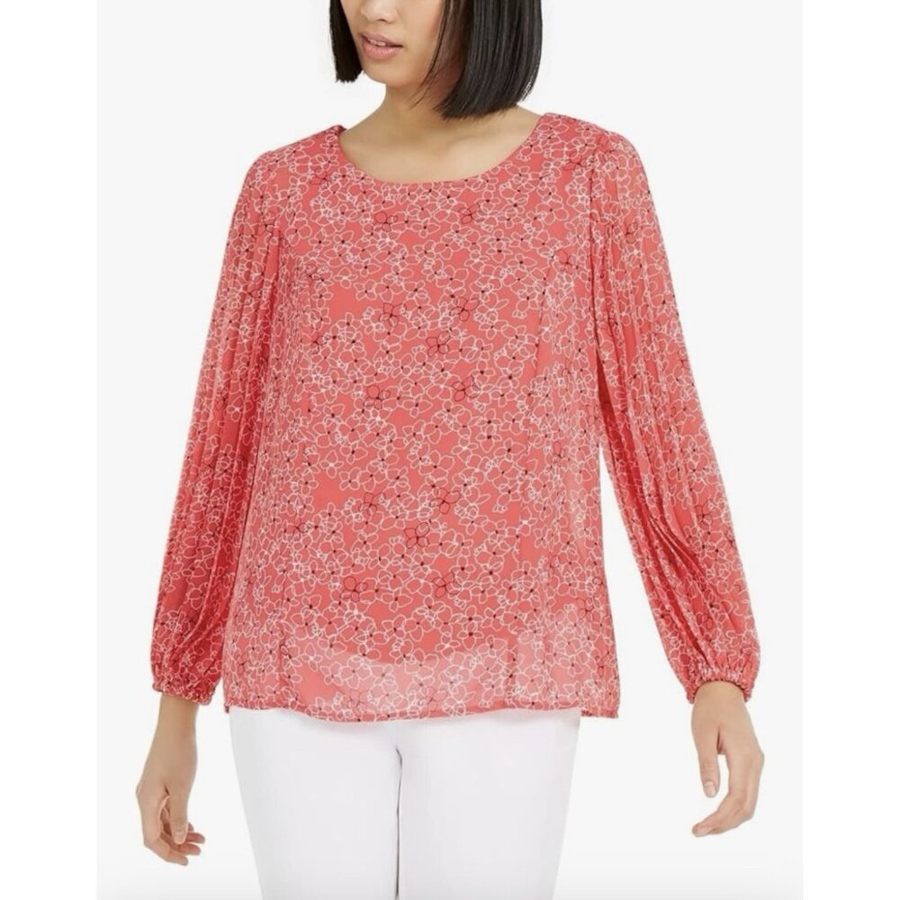 ALFANI Women Top Blouse Floral Pleated Sleeve Plus Size 1X Hot Pink Casual